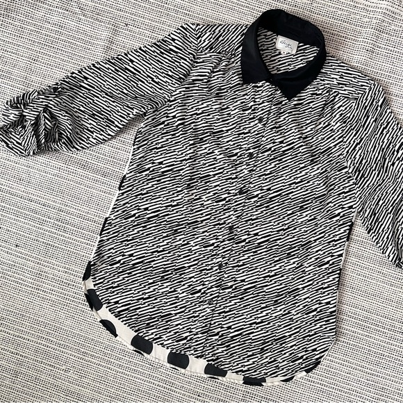 Black White Mixed Pattern Blouse Polka Dot Striped - Picture 5 of 12